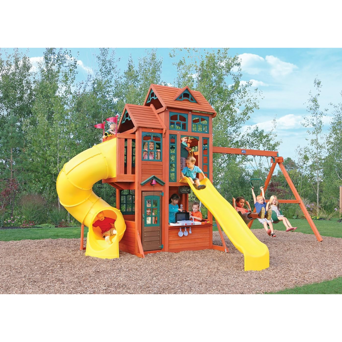 KidKraft Canyon Ridge Outdoor Wooden Climbing Frame with Tube Slide, Wave Slide, Swing, Climbing Wall and Toy Kitchen for Garden