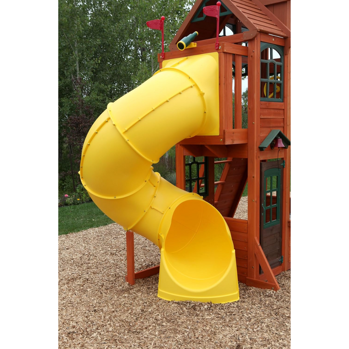 KidKraft Canyon Ridge Outdoor Wooden Climbing Frame with Tube Slide, Wave Slide, Swing, Climbing Wall and Toy Kitchen for Garden