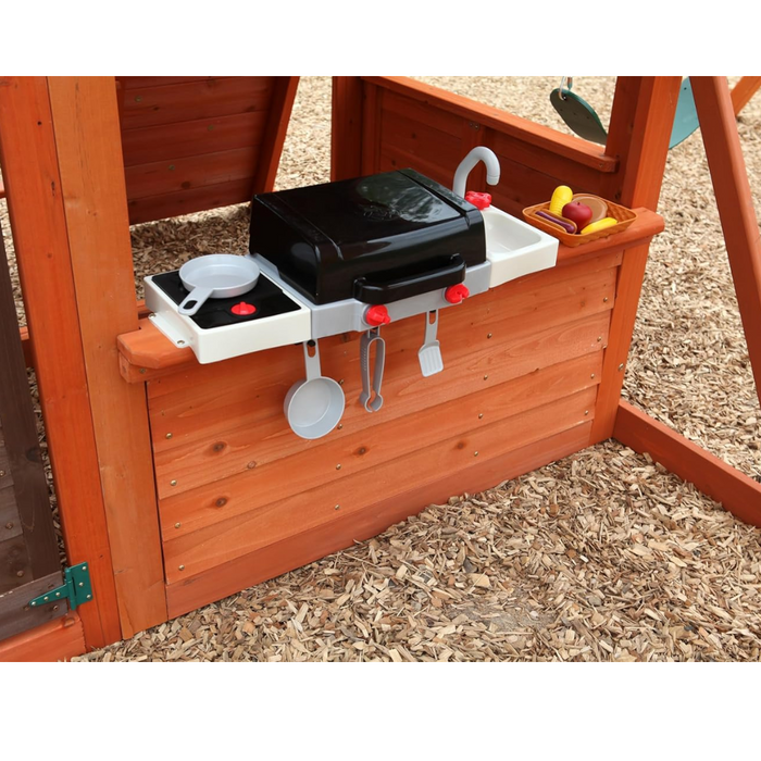 KidKraft Canyon Ridge Outdoor Wooden Climbing Frame with Tube Slide, Wave Slide, Swing, Climbing Wall and Toy Kitchen for Garden