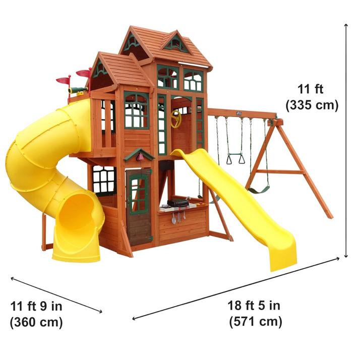 KidKraft Canyon Ridge Outdoor Wooden Climbing Frame with Tube Slide, Wave Slide, Swing, Climbing Wall and Toy Kitchen for Garden